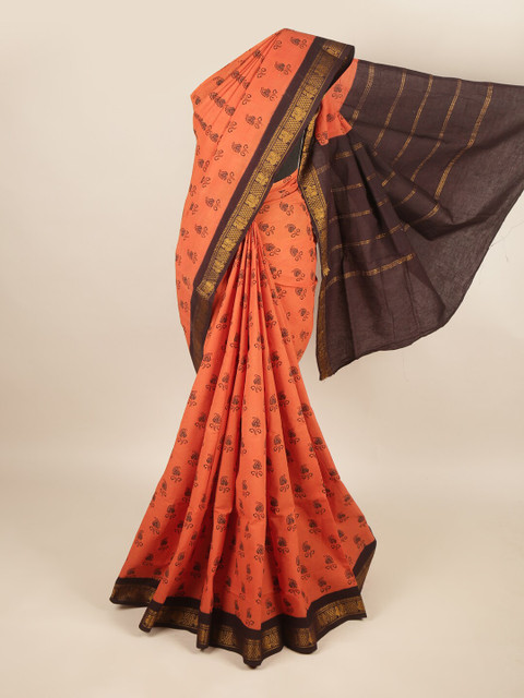 

Pothys Rust & Brown Ethnic Motifs Printed Pure Cotton Saree
