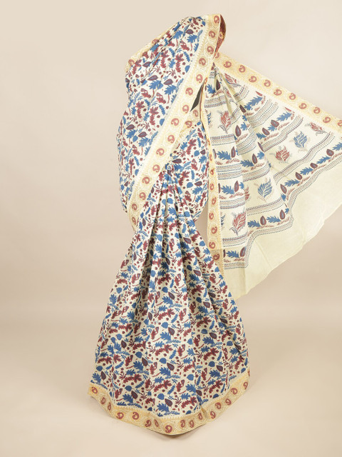 

Pothys Cream-Coloured & Blue Floral Pure Cotton Saree