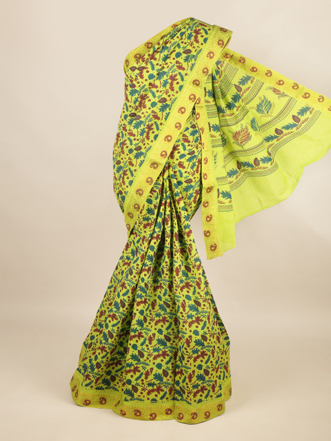 

Pothys Lime Green & Gold-Toned Floral Pure Cotton Saree