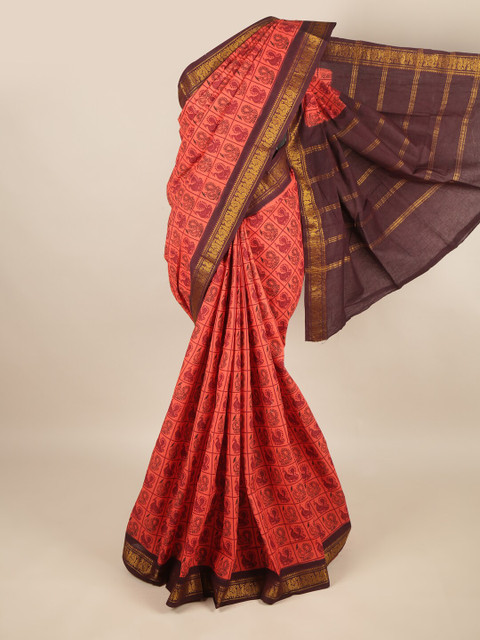 

Pothys Pink & Brown Ethnic Motifs Pure Cotton Saree