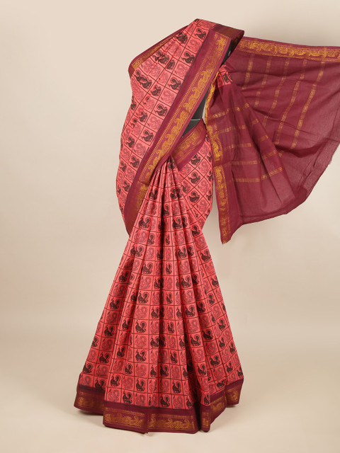 

Pothys Pink & Maroon Ethnic Motifs Zari Pure Cotton Saree