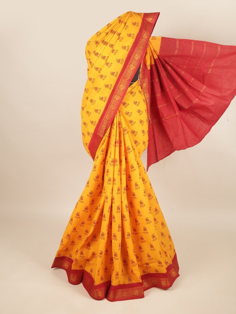 

Pothys Yellow & Maroon Floral Printed Zari Border Pure Cotton Saree