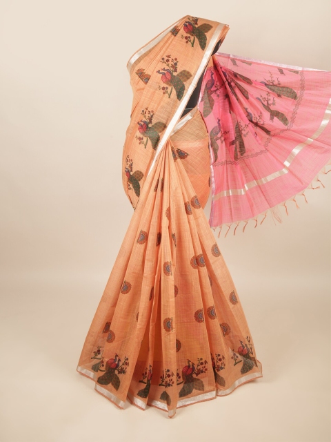

Pothys Peach-Coloured & Pink Ethnic Motifs Zari Silk Cotton Saree
