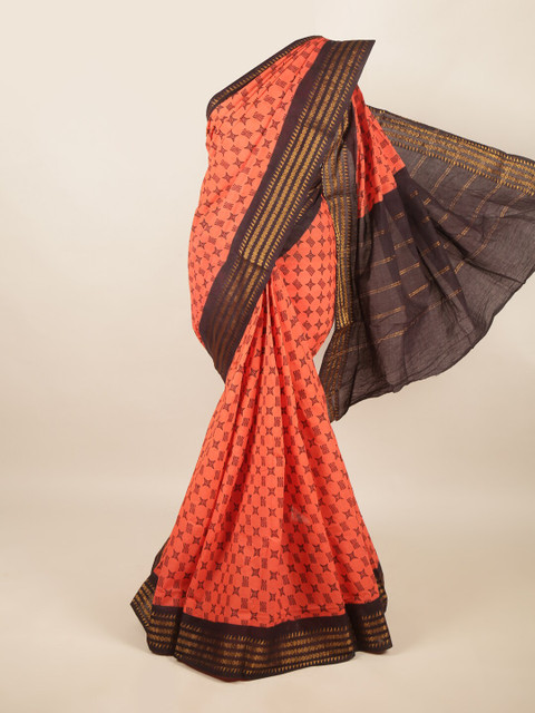 

Pothys Peach-Coloured & Brown Ethnic Motifs Pure Cotton Saree