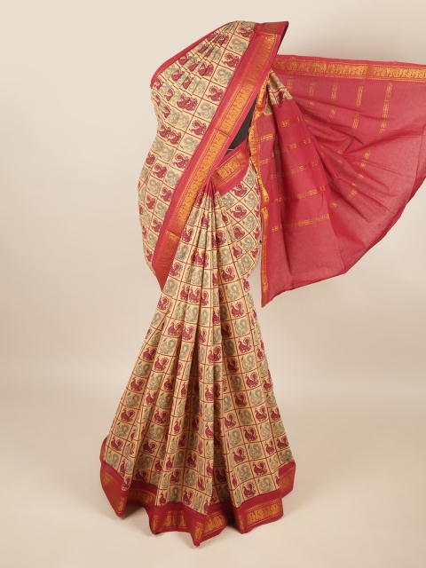 

Pothys Cream-Coloured & Red Ethnic Motifs Zari Pure Cotton Saree