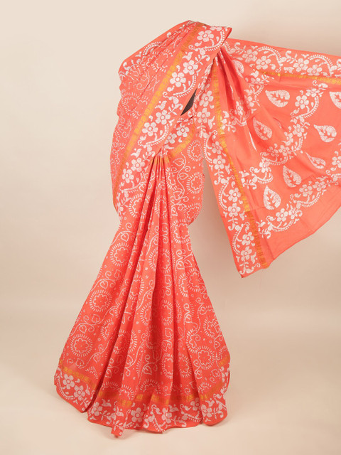 

Pothys Peach-Coloured & White Ethnic Motifs Printed Pure Cotton Saree