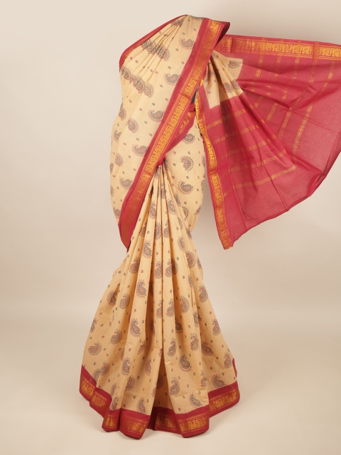 

Pothys Tan & Red Ethnic Motifs Pure Cotton Saree