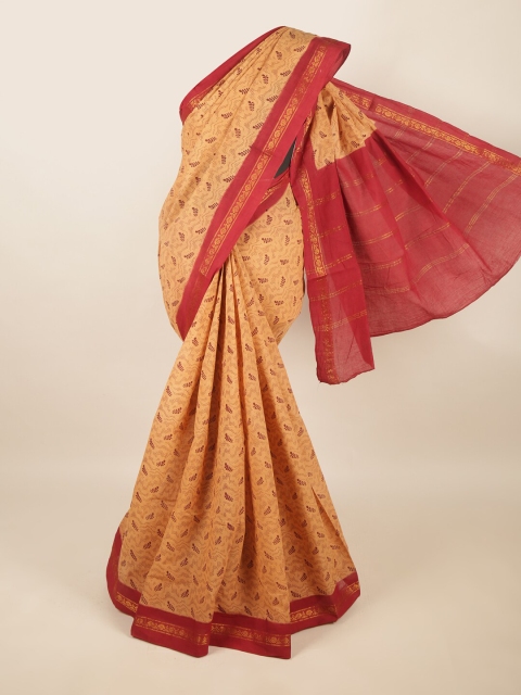 

Pothys Peach-Coloured & Maroon Ethnic Motifs Zari Pure Cotton Saree