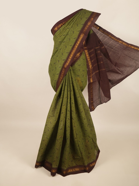 

Pothys Green & Gold-Toned Floral Woven Design Zari Pure Cotton Saree