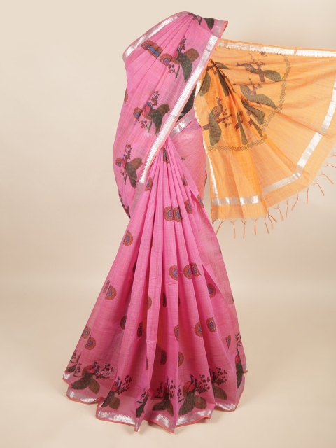 

Pothys Pink & Orange Printed Silk Cotton Saree