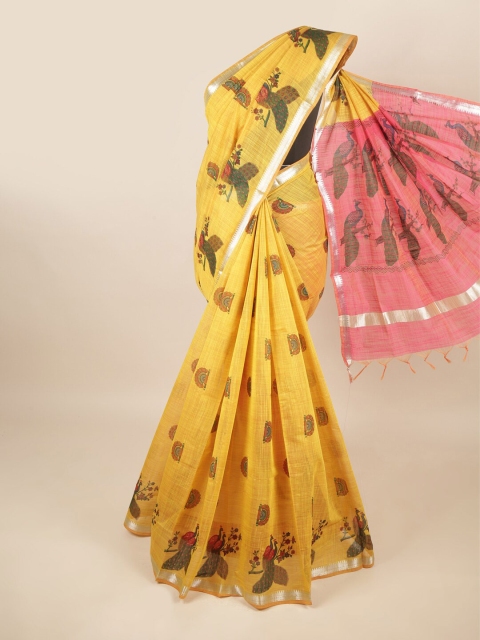 

Pothys Yellow & Pink Ethnic Motifs Zari Silk Cotton Saree