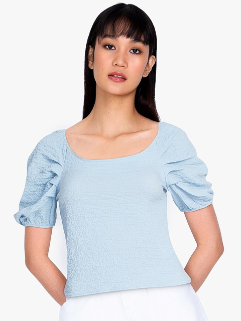 

ZALORA BASICS Women Blue Solid Puff Sleeve Top