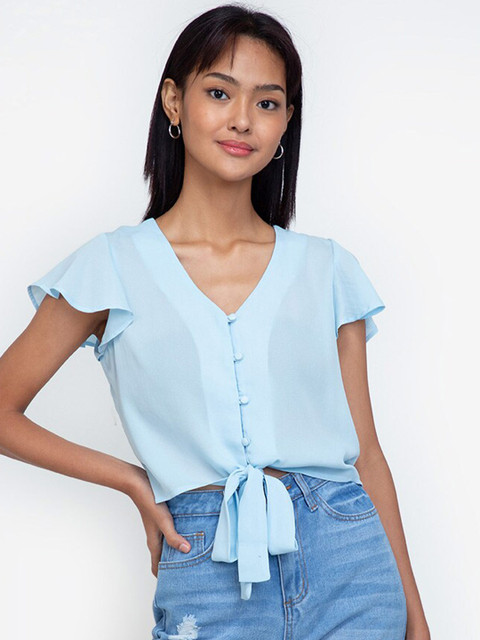 

ZALORA BASICS Blue Flare Sleeve Tie Front Top