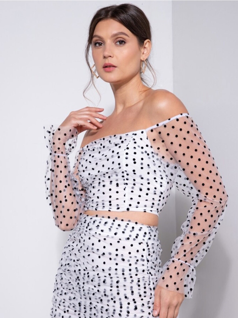 

ZALORA OCCASION White & Black Print Off-Shoulder Bardot Crop Top