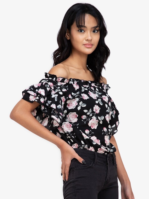 

ZALORA BASICS Black & White Floral Print Off-Shoulder Bardot Top