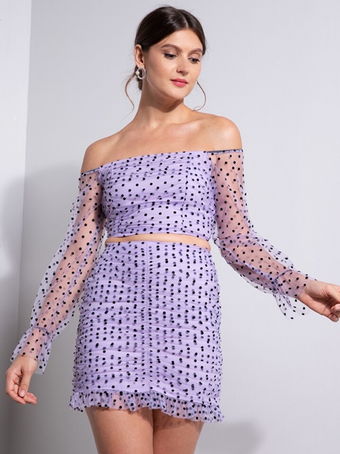 

ZALORA OCCASION Purple & Black Print Off-Shoulder Bardot Crop Top