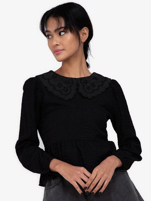 

ZALORA BASICS Black Peter Pan Collar Peplum Top