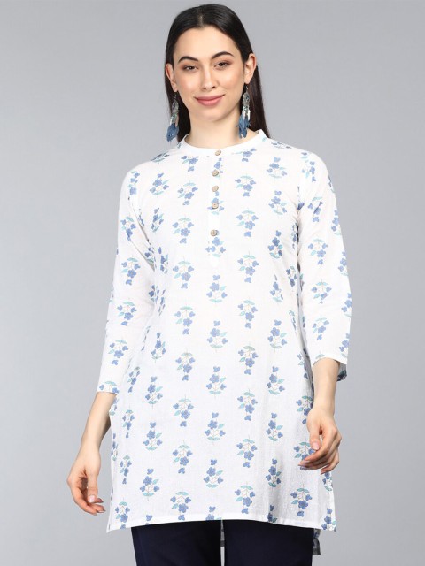 

AHIKA White & Blue Floral Print Mandarin Collar Longline Top