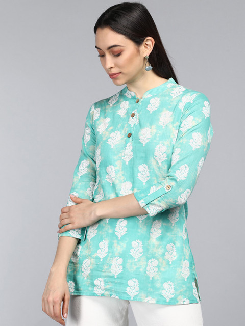 

AHIKA Sea Green Floral Print Mandarin Collar Shirt Style Top