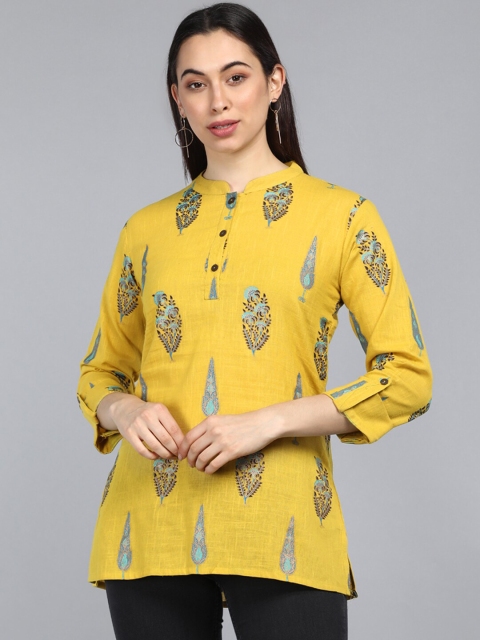 

AHIKA Yellow Print Mandarin Collar Top