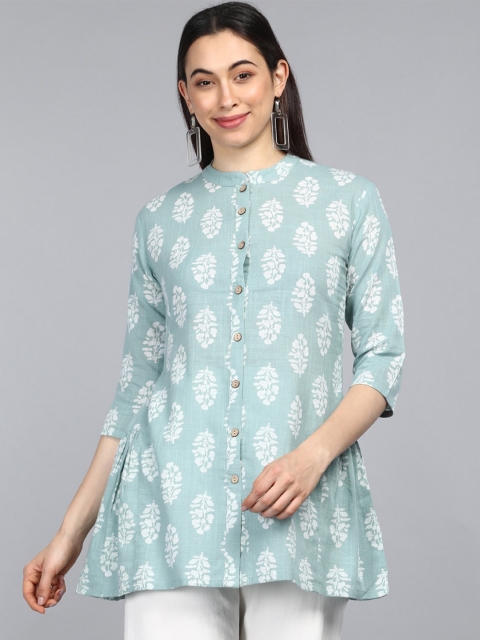 

AHIKA Green & White Print Mandarin Collar Pure Cotton Longline Top