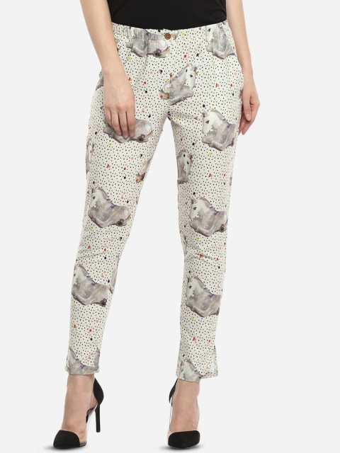 

Porsorte Women Off White Floral Printed Straight Fit Trousers