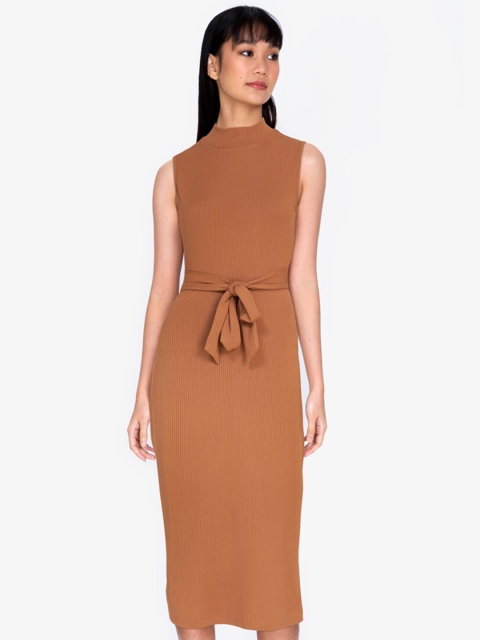 

ZALORA BASICS Women Brown Belted Sheath Midi Dress