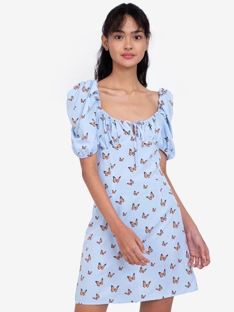 

ZALORA BASICS Blue Floral Tie-Up Neck A-Line Dress