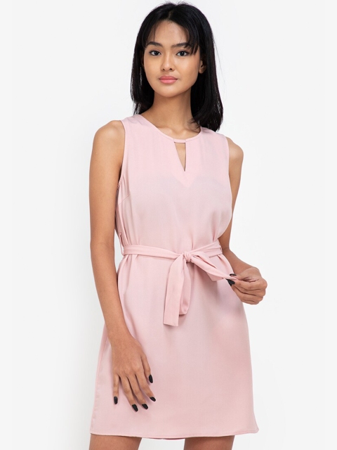 

ZALORA BASICS Women Pink Keyhole Neck Belted A-Line Mini Dress