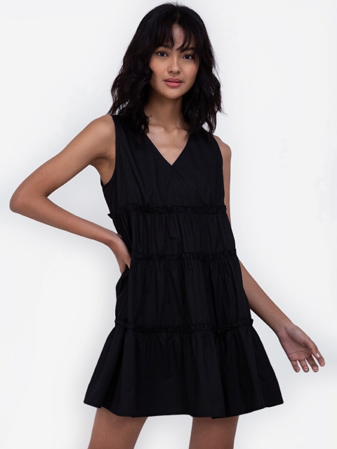 

ZALORA BASICS Women Black Pure Cotton Tiered Mini Dress