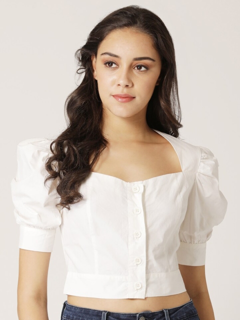 

DIVA WALK EXCLUSIVE Women Pure Cotton Off White Sweetheart Neck Crop Top