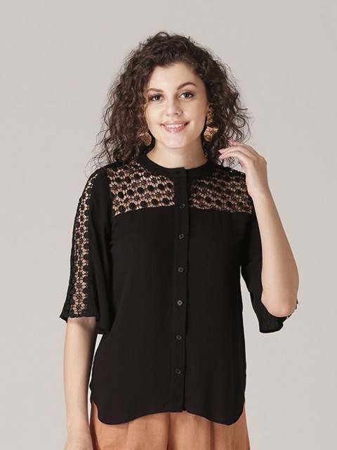 

DIVA WALK EXCLUSIVE Women Black Mandarin Collar Shirt Style Top