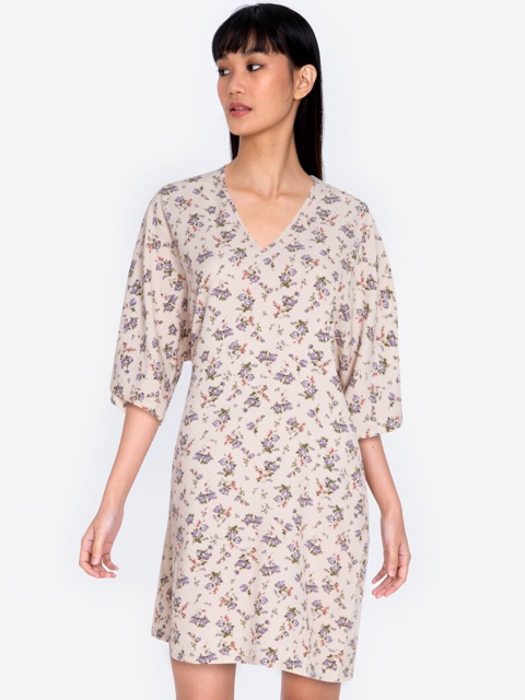 

ZALORA BASICS Beige Floral A-Line Dress