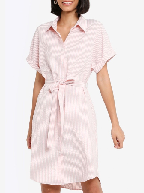 

ZALORA BASICS Pink & White Striped Shirt Dress