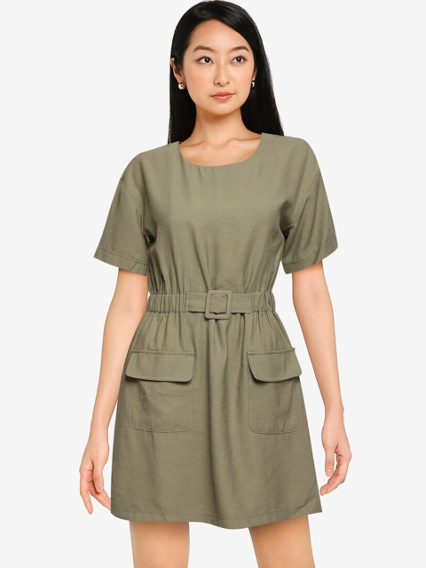 

ZALORA BASICS Green Double Pocket Belted Dress