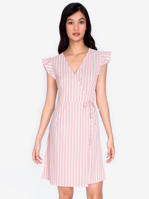 

ZALORA BASICS Pink & White Striped Frill Sleeve Wrap Dress