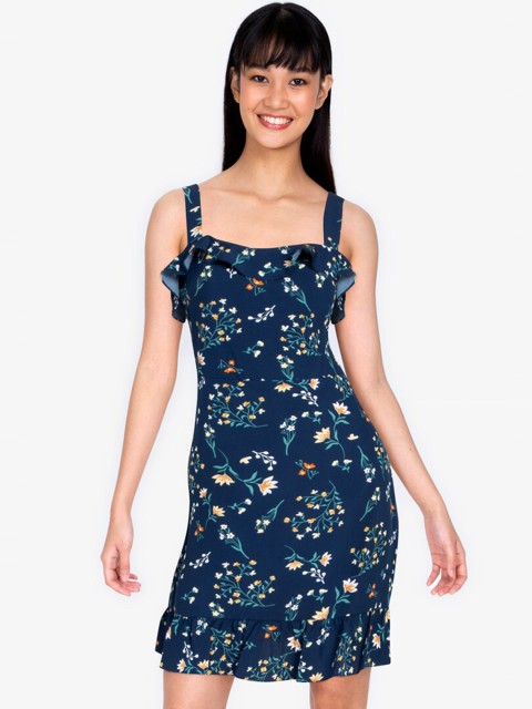 

ZALORA BASICS Blue Floral Sheath Dress with Flutter Hem