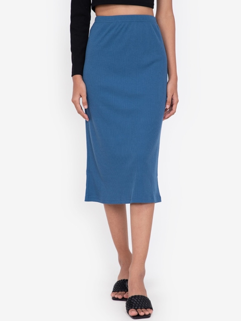 

ZALORA BASICS Women Blue Ribbed Solid Midi Pencil Skirt