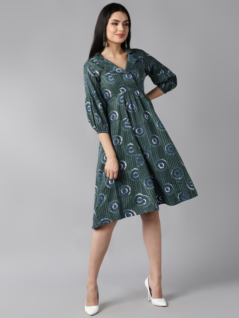 

AHIKA Green Cotton Printed Dress