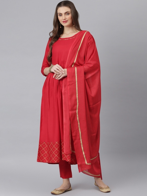 

Stylum Women Maroon Checkered Detail Flared Kurta with Trousers & Dupatta