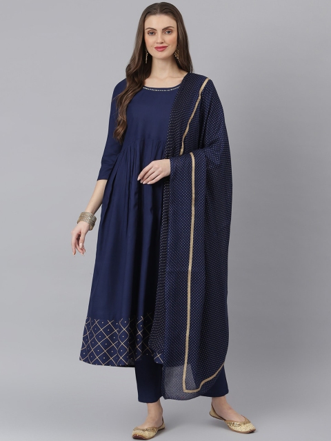 

Stylum Women Navy Blue Checkered Detail Flared Kurta with Trousers & Dupatta