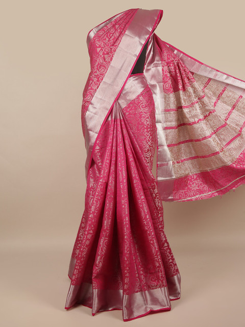 

Pothys Magenta & Silver-Toned Floral Jute Silk Saree