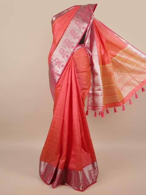 

Pothys Pink & Silver-Toned Floral Zari Jute Silk Saree