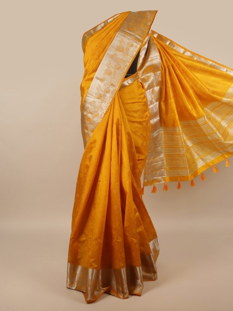 

Pothys Mustard & Silver-Toned Floral Jute Silk Saree