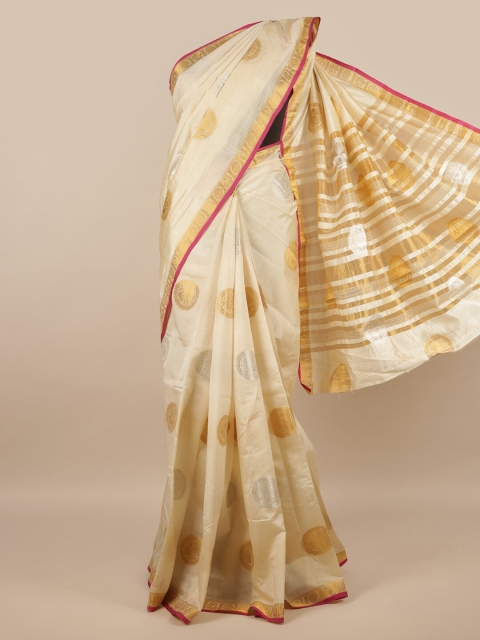 

Pothys Cream-Coloured & Gold-Toned Ethnic Motifs Zari Jute Silk Saree