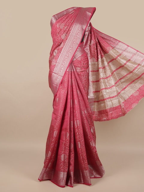

Pothys Pink & Silver-Toned Floral Zari Jute Silk Saree