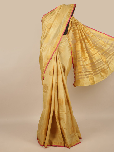 

Pothys Cream-Coloured & Gold-Toned Ethnic Motifs Schiffli Jute Silk Saree