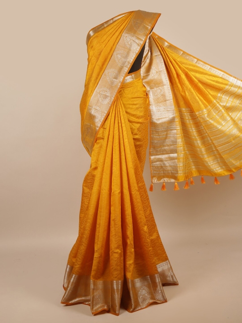 

Pothys Mustard & Silver-Toned Ethnic Motifs Zari Jute Silk Saree