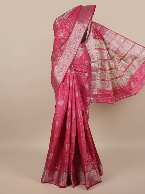 

Pothys Pink & Silver-Toned Woven Design Zari Jute Silk Saree