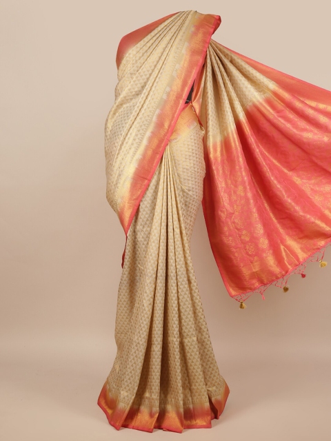 

Pothys Cream-Coloured & Orange Woven Design Jute Silk Saree
